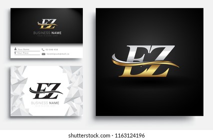 initial letter EZ logotype company name colored gold and silver swoosh design. Vector sets for business identity on white background.