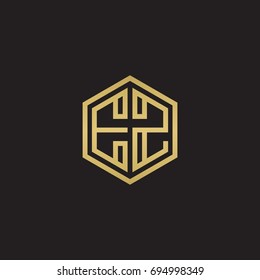 Initial letter EZ, minimalist line art hexagon logo, gold color on black background