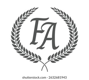 Initial letter F and A, FA monogram logo design with laurel wreath. Luxury calligraphy font.