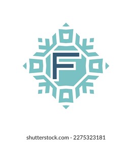 Initial letter F abstract snowflake square emblem logo