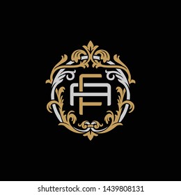 Initial letter A and F, AF, FA, decorative ornament emblem badge, overlapping monogram logo, elegant luxury silver gold color on black background