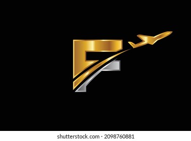 Letra inicial F con el diseño del logotipo del avión. Aerolíneas, aviones, aviación, plantilla de logotipo de viajes.