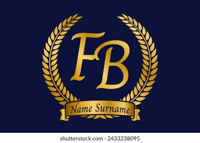 Initial letter F and B, FB monogram logo design with laurel wreath. Luxury golden emblem with calligraphy font.