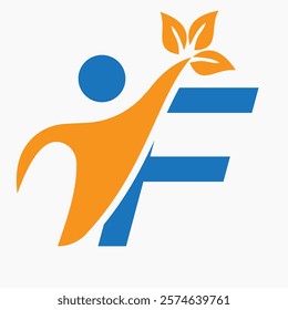 Initial Letter F Bio or Healthcare Logo Design Concept With Human And Green Leaf Symbol