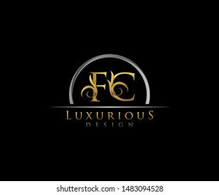 Initial letter F and C, FC, VINTAGE decorative ornament emblem badge, overlapping monogram logo, elegant luxury silver gold color on black background