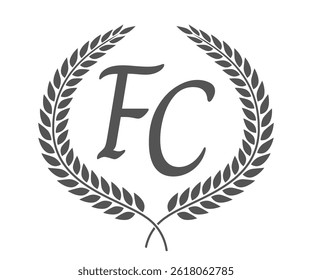 Initial letter F and C, FC monogram logo design with laurel wreath. Luxury calligraphy font.
