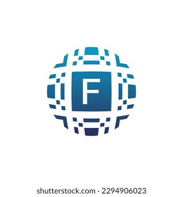 Initial letter F circle digital tech electronic pixel emblem logo