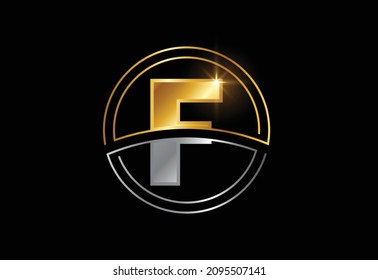 Initial letter F with circle frame. Golden and silver color alphabet symbol for corporate business identity