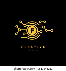 Initial letter F with connected circle. Technology logotype. Luxury dots logo design concept, fit for company and business.