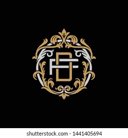 Initial letter F and D, FD, DF, decorative ornament emblem badge, overlapping monogram logo, elegant luxury silver gold color on black background