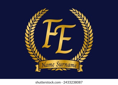 Initial letter F and E, FE monogram logo design with laurel wreath. Luxury golden emblem with calligraphy font.