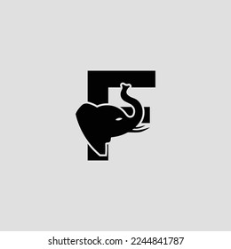 Initial letter F with elephant shape line art. Modern Elephant F Letter Alphabet Logo Design.
