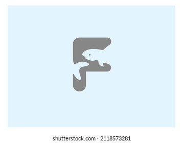 Initial Letter F Fish Logo. Blue Shape Fish Icon Silhouette Inside Brown Letter F isolated on White Background. Flat Vector Logo Design Template Element.