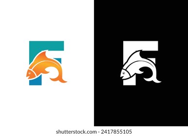 Initial Letter F Fish Logo Design Vector Icon Graphic Emblem Illustration. Word mark logo icon formed fish symbol in letter F in White background.