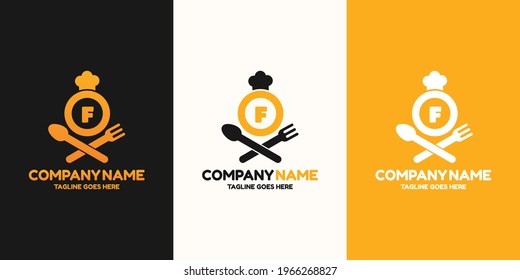 Initial letter F food Logo Design Template. Illustration vector graphic. Design concept fork,spoon and chef hat With letter symbol. Perfect for cafe, restaurant, cooking business