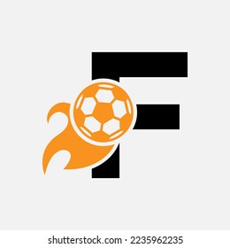 Initial Letter F Football Logo Concept With Moving Football Icon and Fire symbol. Soccer Logotype Vector Template