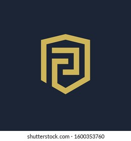 initial Letter F or FP with Shield frame line art element. Shield Line geometry  for Security logo. Logo Icon Template for Web and Business Card, Letter Logo Template on Black Background. - vector