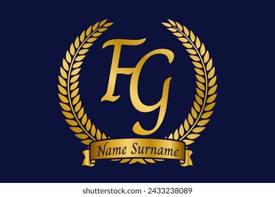Letra inicial F y G, diseño del logotipo del monograma de FG con corona de laurel. Emblema dorado de lujo con fuente caligráfica.
