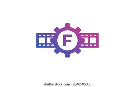 Initial Letter F Gear Cog Wheel with Reel Stripes Filmstrip for Film Movie Cinema Production Studio Logo Inspiration