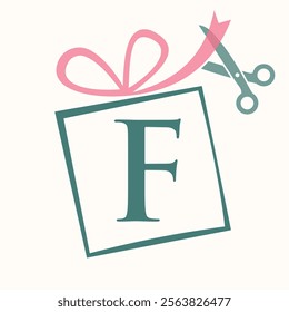 Initial Letter F Gift Box Logo Design Concept With Ribbon and Scissors Symbol For Weeding and Birthday Gift Sign