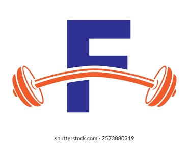 Initial Letter F Gym Logo Design Concept With Straight and Curved Barbell Symbol. Fitness Sign, Bodybuilding, Workout Vector