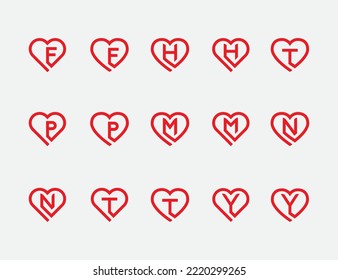 initial Letter F, H, P, M, N, T and Y with Heart Logo Set Concept icon sign symbol Element Design. Medical, Love, Health Care, Valentines day Logotype. Vector illustration template 