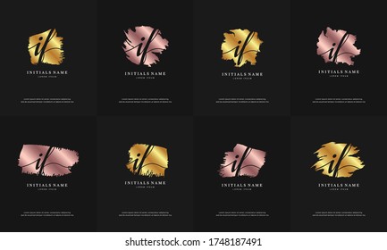 initial letter IF I F handwriting logo set design template with abstract brush on golden and gold rose color