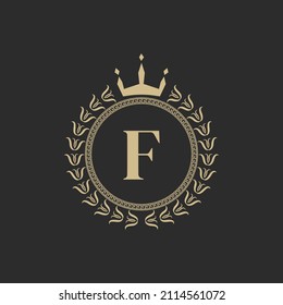 Initial Letter F Heraldic Royal Frame with Crown and Laurel Wreath. Simple Classic Emblem. Round Composition. Graphics Style. Art Elements for Logo Design Vector Illustration