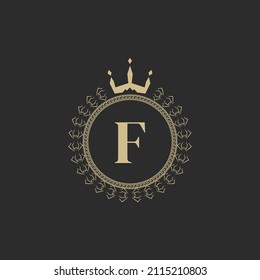 Initial Letter F Heraldic Royal Frame with Crown and Laurel Wreath. Simple Classic Emblem. Round Composition. Graphics Style. Art Elements for Logo Design Vector Illustration