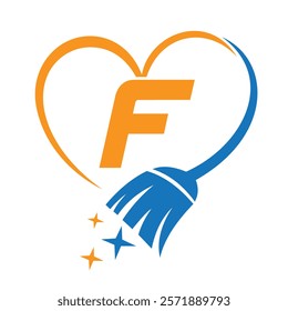 Initial Letter F House Clean Logo Concept With Cleaning Brush and Heart Symbol. Broom Sign