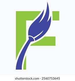 Initial Letter F House Cleaning Logo Concept With Clean Brush Symbol Vector Template