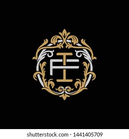 Initial letter F and I, FI, IF, decorative ornament emblem badge, overlapping monogram logo, elegant luxury silver gold color on black background