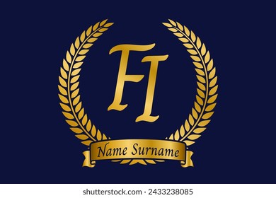 Initial letter F and I, FI monogram logo design with laurel wreath. Luxury golden emblem with calligraphy font.