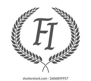 Initial letter F and I, FI monogram logo design with laurel wreath. Luxury calligraphy font.