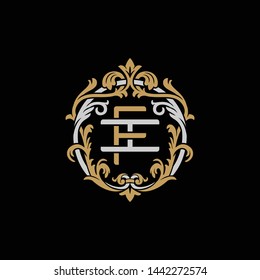 Initial letter I and F, IF, FI, decorative ornament emblem badge, overlapping monogram logo, elegant luxury silver gold color on black background