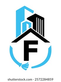 Initial Letter F Industrial Cleaning Logo Concept With Cleaning Brush and Building Symbol. Broom Sign