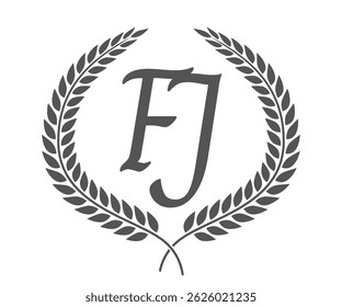 Initial letter F and J, FJ monogram logo design with laurel wreath. Luxury calligraphy font.