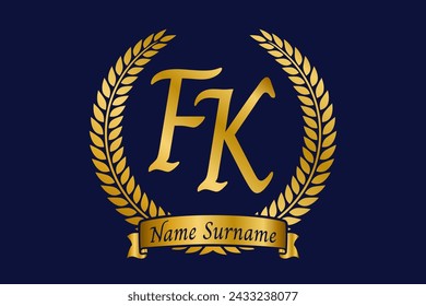 Initial letter F and K, FK monogram logo design with laurel wreath. Luxury golden emblem with calligraphy font.