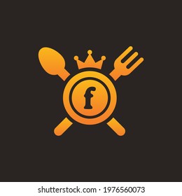 Initial letter F King food Logo Design Template. Illustration vector graphic. Design concept fork,spoon and crown With letter symbol. Perfect for cafe, restaurant, cooking business