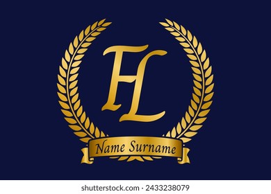 Initial letter F and L, FL monogram logo design with laurel wreath. Luxury golden emblem with calligraphy font.