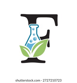 Anfangsbuchstabe F Laborlogo Design kombinieren mit Reagenzglas und Blatt-Symbol