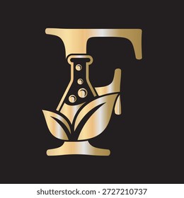 Initial letter F laboratory logo design combine with test tube and leaf symbol