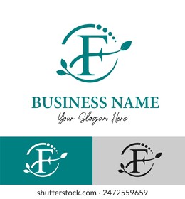 Initial Letter F with Leaf and Circle Leaves for Beauty, Skincare, Home Spa, Skincare, Aesthetic, Nature, Green Agronomy and Environment Modern Business Logo Idea