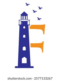 Initial Letter F Light House Logo Design Vector Template