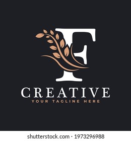 Initial Letter F Linked Monogram Golden Laurel Wreath Logo. Graceful Design for Restaurant, Cafe, Brand name, Badge, Label, luxury identity