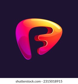 Initial letter F logo cut out of triangle sphere shape. Multicolor metallic arrow icon template. Abstract vector design element. Perfect for play button, fintech identity, sport emblem, delivery app.