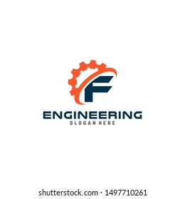 Initial letter F logo with Gears sign vector.