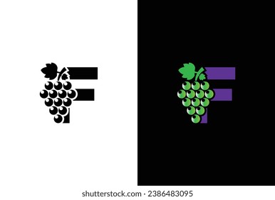 Initial letter F logo. Modern and simple letter F for the Grape symbol logo design with green leaves.