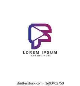 Initial letter F logo template with play button icon in flat design monogram illustration