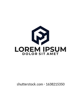 Initial letter F logo template with modern geometric 3d cube hexagonal line art illustration in flat design monogram symbol